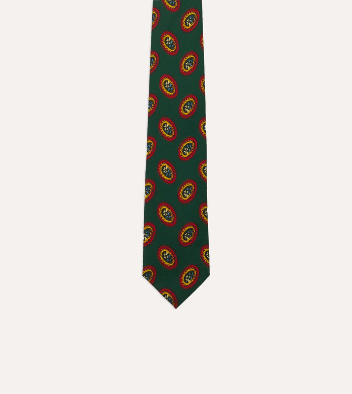 Green Oval Medallion Print Silk Self Tipped Tie