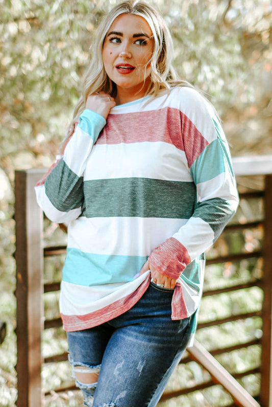Green Plus Size Colourblock Pullover Top - GREEN / 1X / 95% POLYESTER + 5% ELASTANE - Size/Plus Tops/Plus Long Sleeve