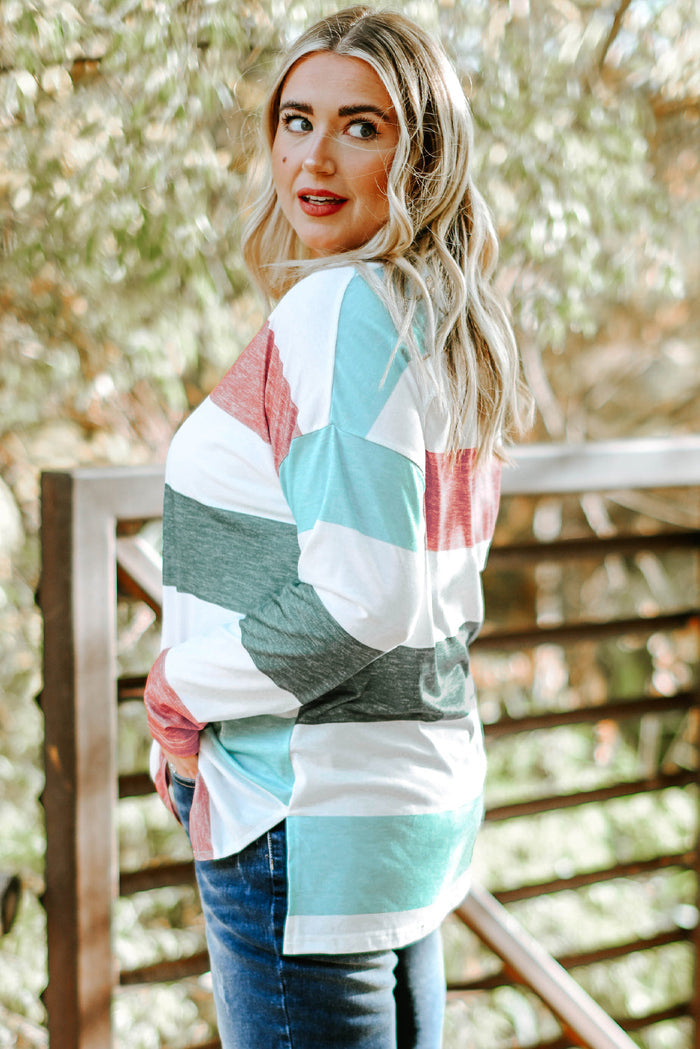Green Plus Size Colourblock Pullover Top - Size/Plus Tops/Plus Long Sleeve Tops