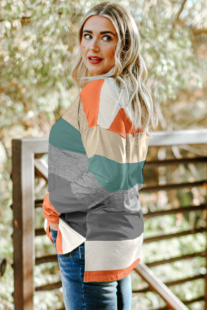 Green Plus Size Colourblock Pullover Top - Size/Plus Tops/Plus Long Sleeve Tops