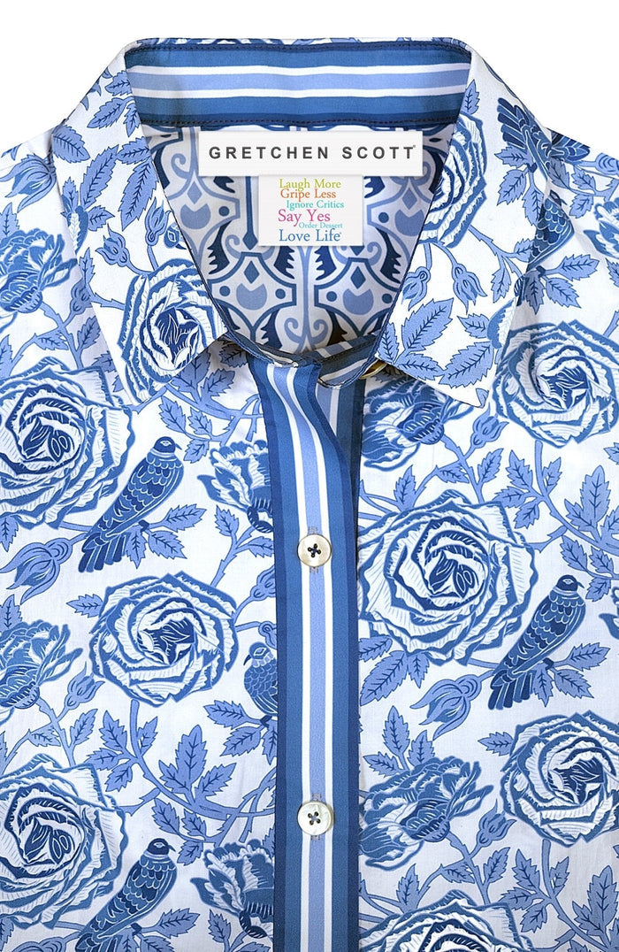 Close up of blue and white floral shirt tag