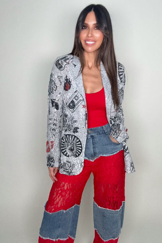 Style the Grey Rock and Roll Embellished Lace Blazer Jacket exclusively at Born To Glam