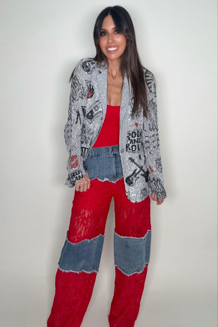 Style the Grey Rock and Roll Embellished Lace Blazer Jacket exclusively at Born To Glam