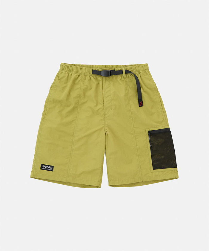Field green Gramicci Guide Shorts with a black belt and black accents against a light-tone background.