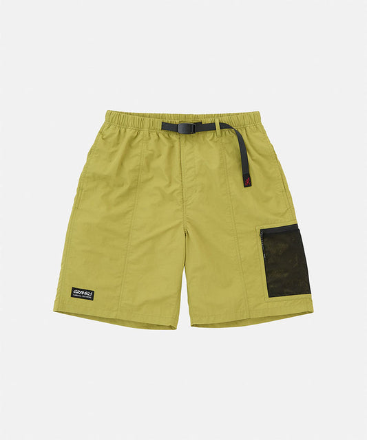 Field green Gramicci Guide Shorts with a black belt and black accents against a light-tone background.