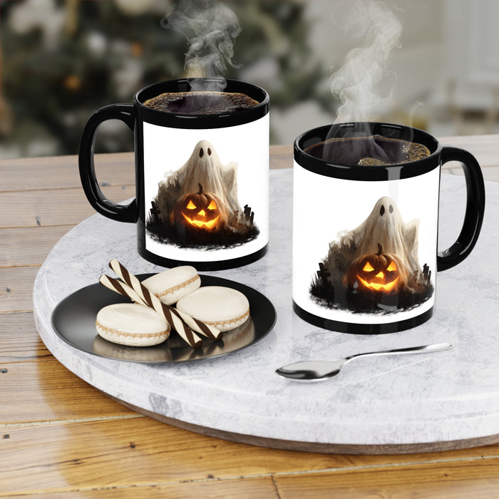 Halloween coffee mug with ghost and pumpkin artwork, 11 oz ceramic shape and black finish for seasonal drinks and fall decor.