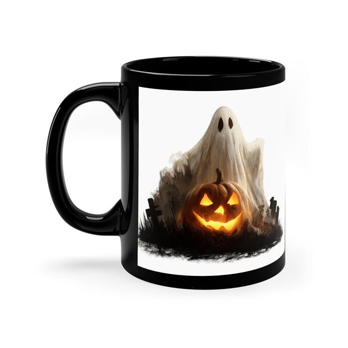 Ghost and pumpkin coffee mug in an 11 oz ceramic format, designed for Halloween drinks, autumn styling, and seasonal gifting.