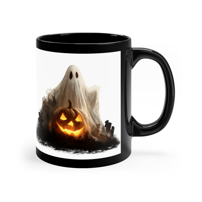 Black Halloween mug with ghost and pumpkin artwork, ceramic construction and 11 oz capacity for coffee, tea or hot cocoa use.