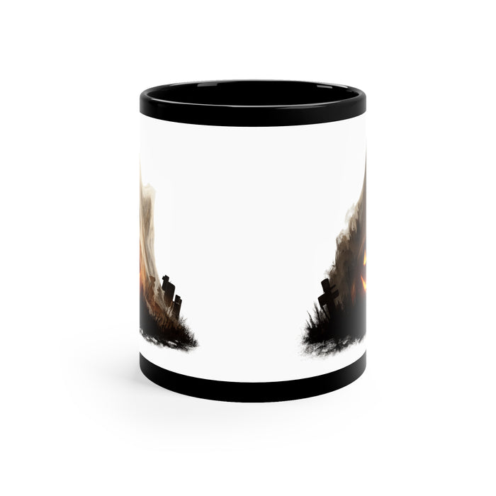 Seasonal ceramic coffee mug with ghost and pumpkin design, black 11 oz format and Halloween styling for autumn drink moments.
