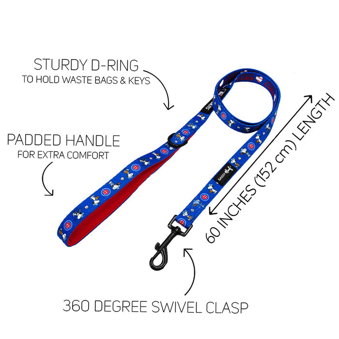 The Sassy Woof Harness Three Piece Bundle - MLB™ x Peanuts™ Chicago Cubs™ features a blue leash with Snoopy baseball print, padded handle, sturdy D-ring, 60" length, and swivel clasp—perfect for fans of this playful collaboration.