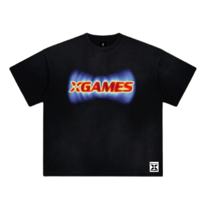 Black t-shirt with X Games logo on a white background