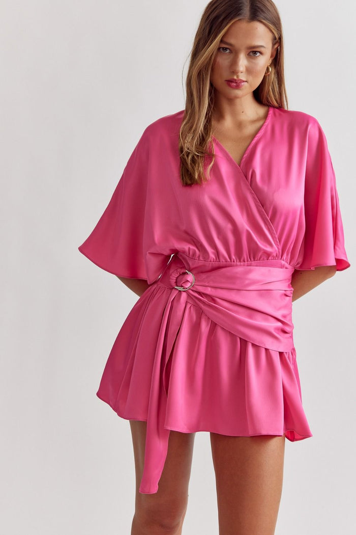 Style the Hot Pink Satin Belted Dress exclusively at Born To Glam