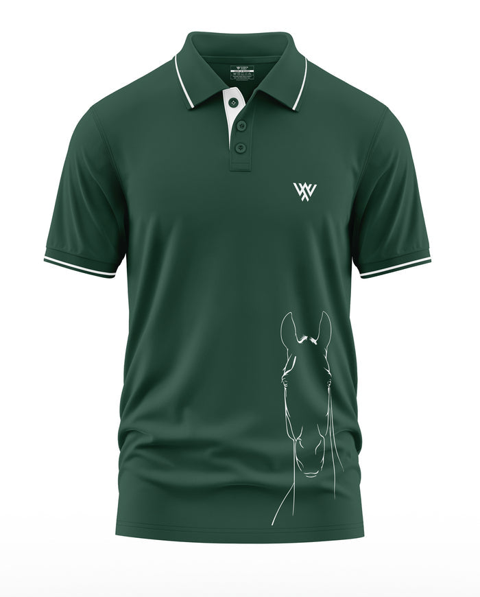 Green men's polo t-shirt with white horse sketch and contrast collar trim