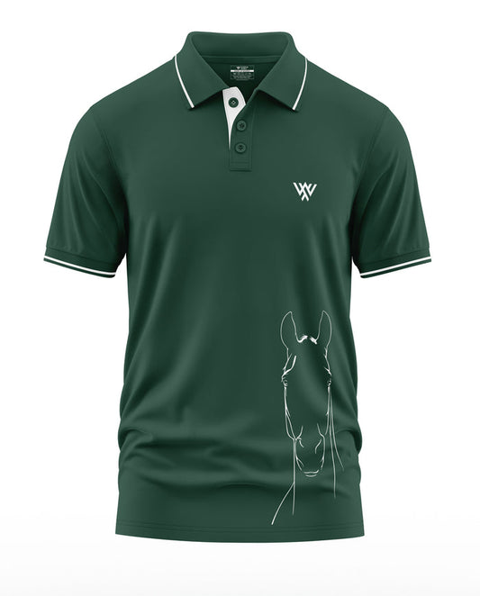 Green men's polo t-shirt with white horse sketch and contrast collar trim