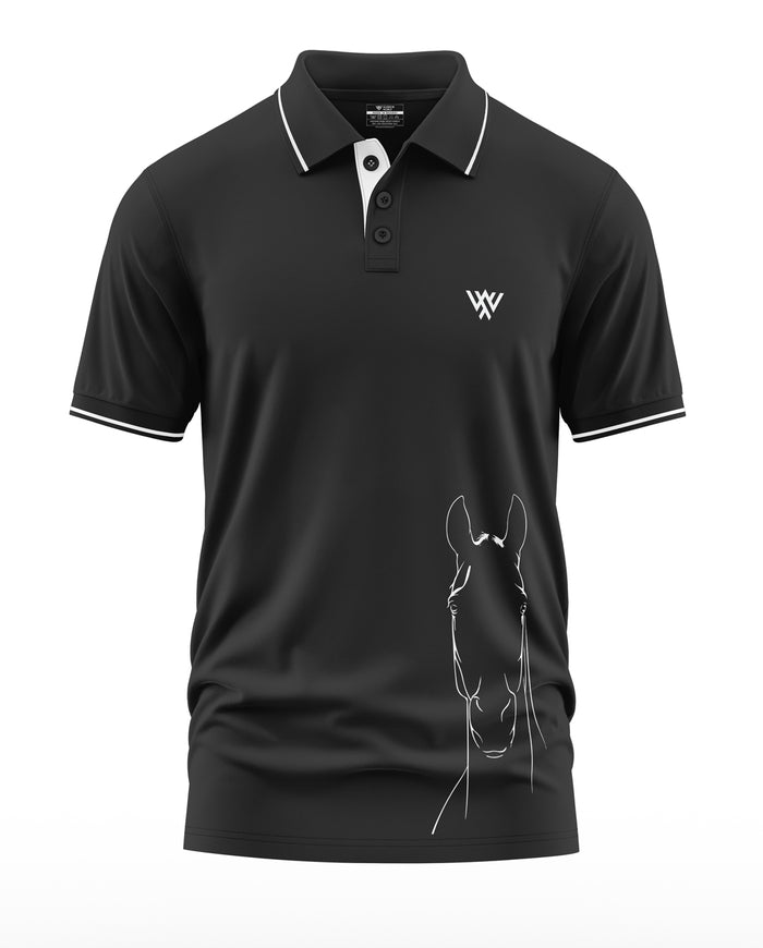 Black men's polo t-shirt with white collar trim, chest logo, and horse graphic on front
