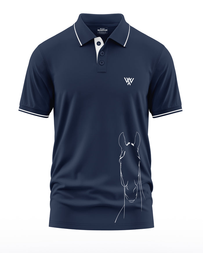 Men's navy blue polo t-shirt with white piping, horse sketch graphic, and chest logo