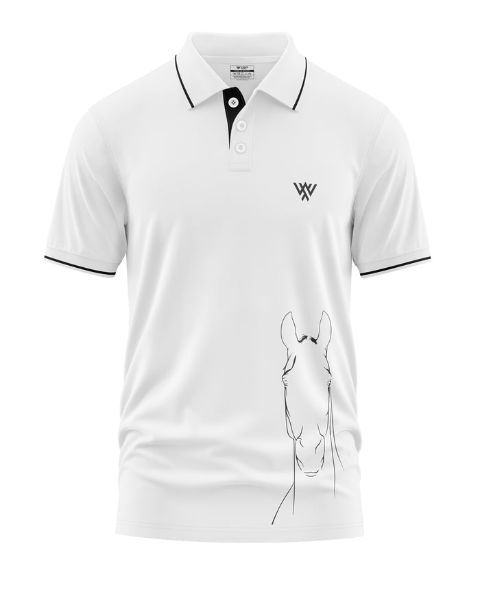 White men's polo t-shirt with black collar trim and horse illustration on front