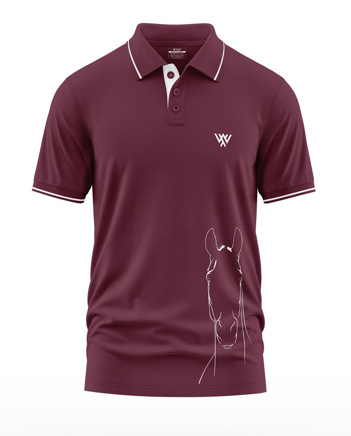 Maroon men's polo t-shirt with white horse graphic and contrast collar for stylish casual wear