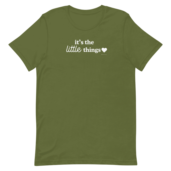 The Sassy Woof Human Tee - It's the Little Things is an olive green unisex shirt made of 100% ring-spun cotton, showcasing white "it's the little things" text with a heart on the chest, printed with eco-friendly ink.