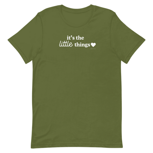 The Sassy Woof Human Tee - It's the Little Things is an olive green unisex shirt made of 100% ring-spun cotton, showcasing white "it's the little things" text with a heart on the chest, printed with eco-friendly ink.