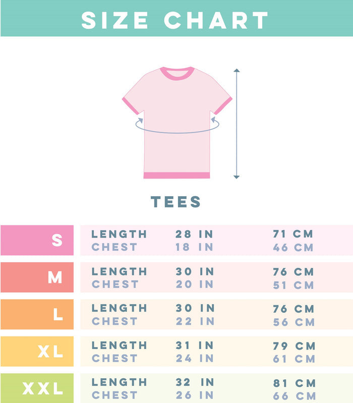 A pastel size chart for the Sassy Woof Human Tee - Good Luck Charm (White) shows S-XXL measurements in inches and cm next to a T-shirt image—ideal for finding your perfect fit.