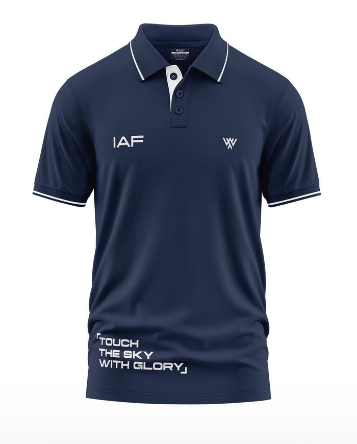 Navy blue men's polo t-shirt with 'IAF' and 'Touch the sky with glory' white text, short sleeves