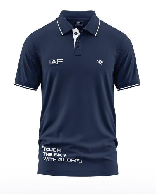 Navy blue men's polo t-shirt with 'IAF' and 'Touch the sky with glory' white text, short sleeves