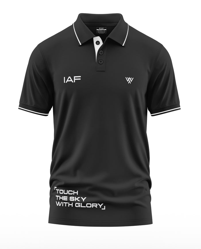 Black men's polo t-shirt with IAF text, white trim, and 'Touch the Sky with Glory' print.