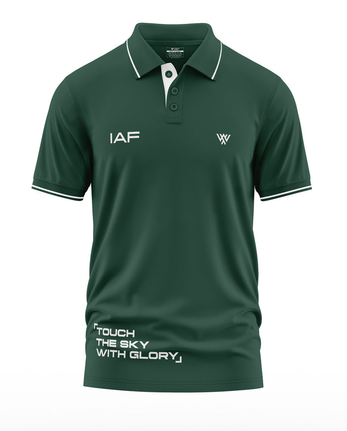 Dark green men's polo t-shirt with IAF and 'Touch the sky with glory' text, military-inspired design