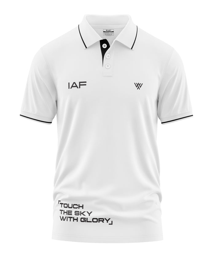White men's polo t-shirt with black collar trim, IAF text, and 'Touch the sky with glory' slogan.