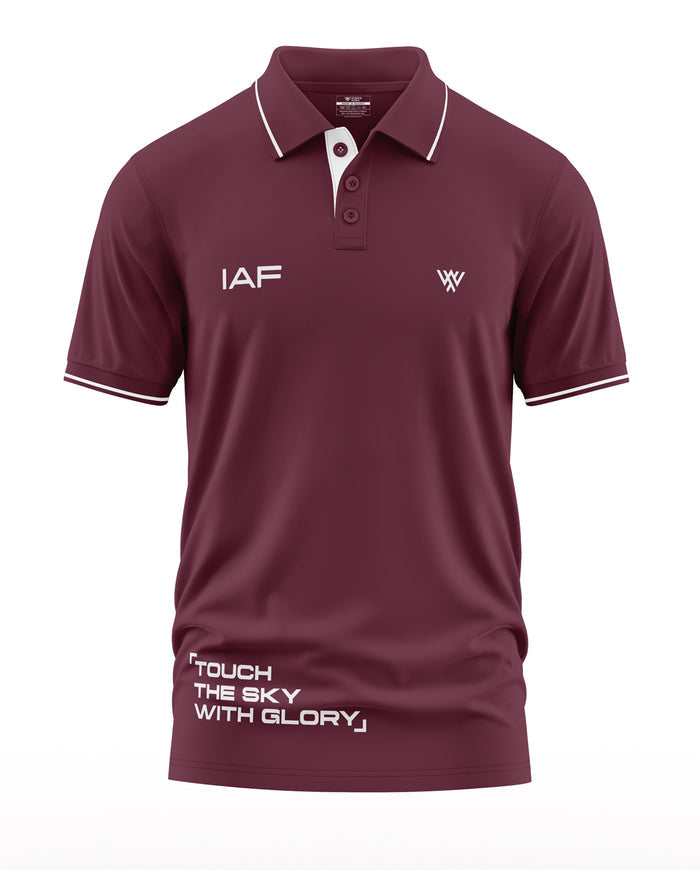 Maroon men's polo T-shirt with IAF and slogan 'Touch the Sky with Glory', white trim accents