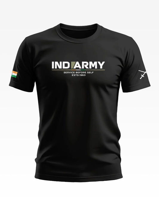Black men's t-shirt with INDIARMY print, army slogan, Indian flag patch, and crossed swords graphic