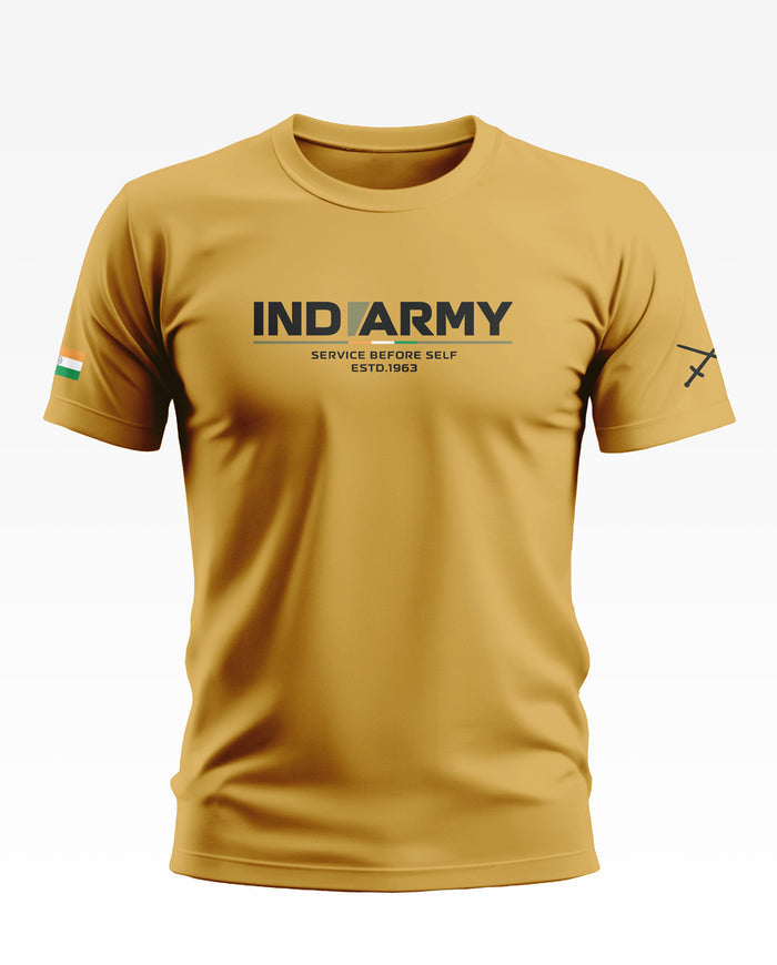 Yellow men's t-shirt with IND ARMY print, Indian flag on sleeve, and black crossed swords design