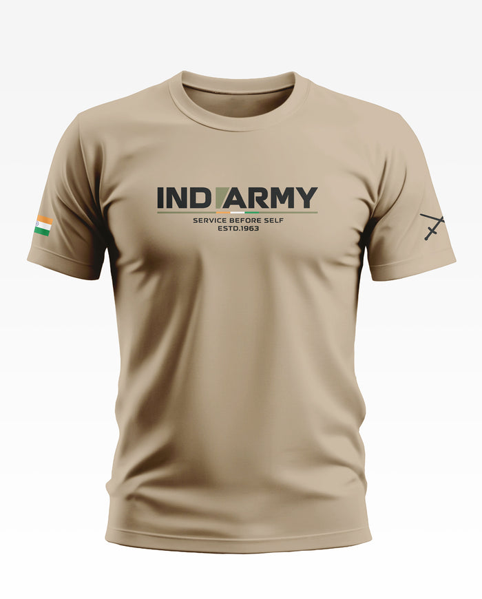 Beige men's t-shirt with 'IND ARMY' text, Indian flag sleeve detail, and crossed swords graphic.