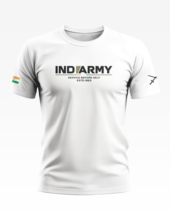 White men's t-shirt with 'INDIAN ARMY' text, Indian flag on sleeve, military graphic style.