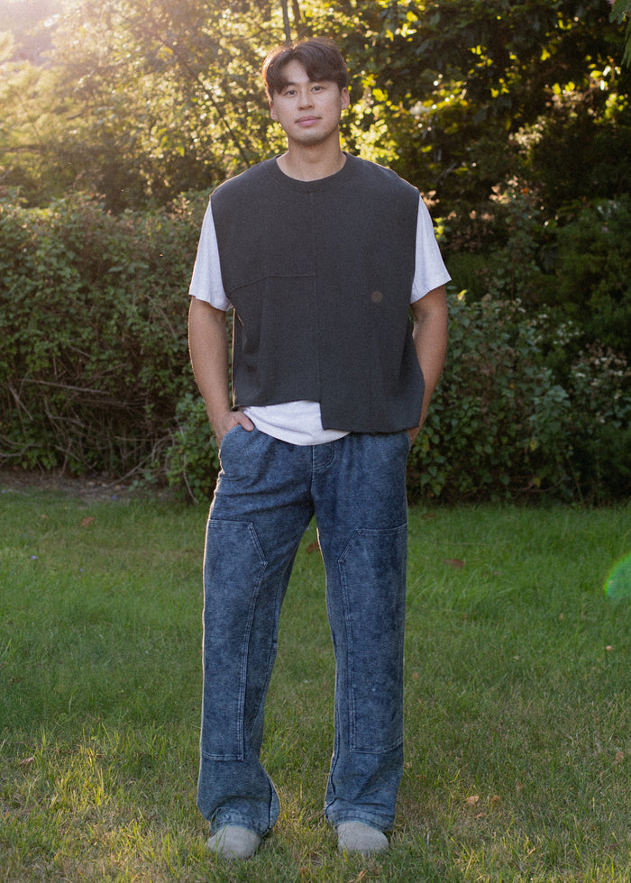 Front view of Indigo Patch Trouser on model