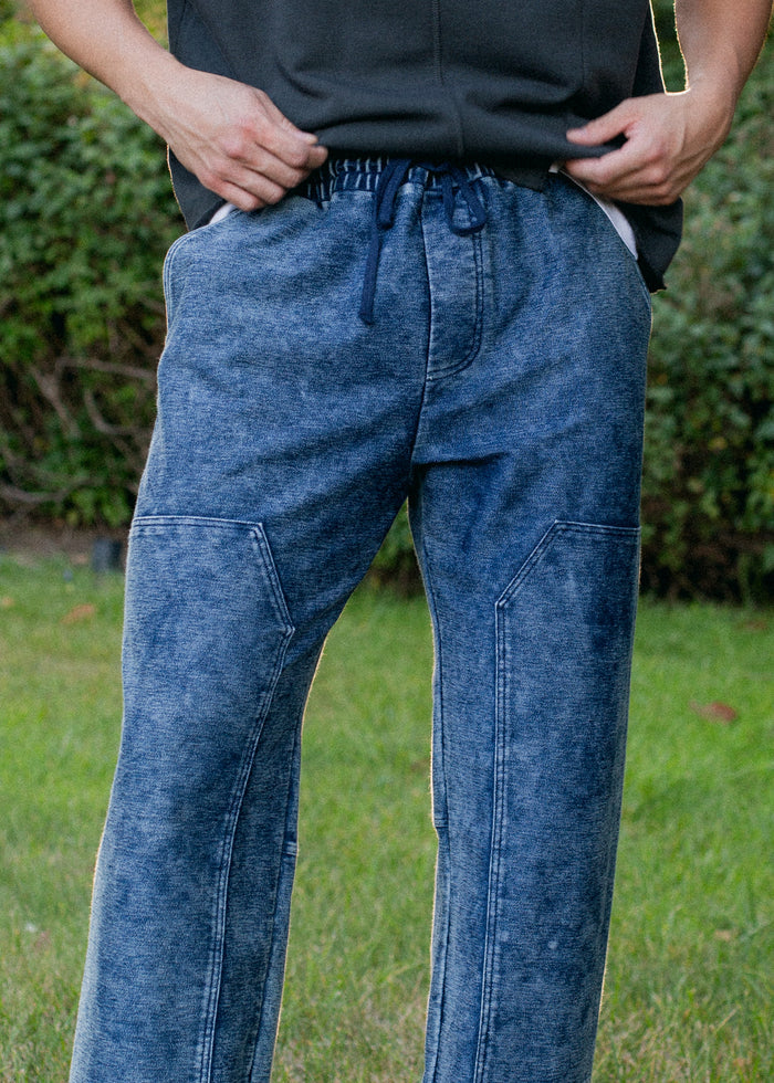 Side view of Indigo Patch Trouser on model