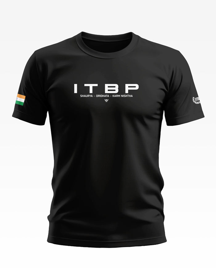 Black ITBP men's t-shirt with bold white text, Indian flag patch on sleeve, army-inspired fashion