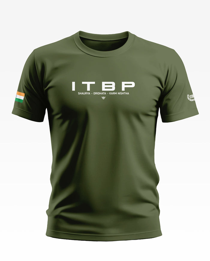 Army green men's ITBP graphic t-shirt with Indian flag sleeve print, bold white text