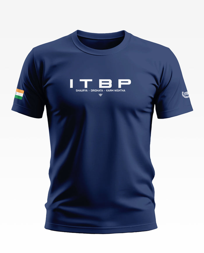 Navy blue men's t-shirt with ITBP print and Indian flag detail on sleeve