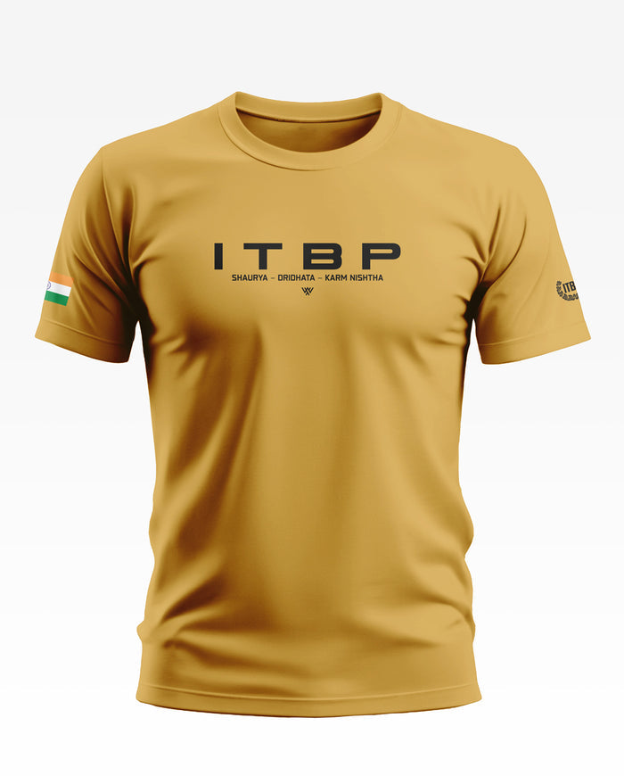 Yellow men's ITBP T-shirt with printed text, Indian flag on sleeve, and round neck design.