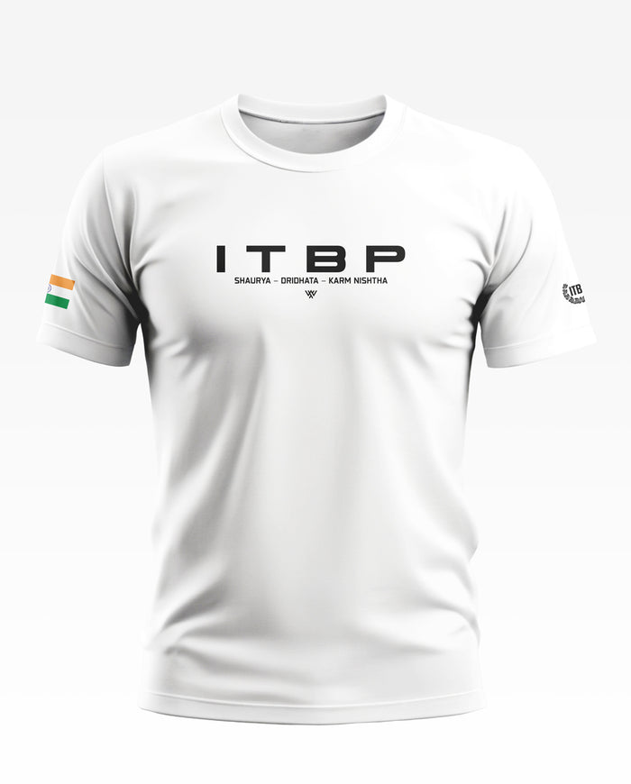 White men's t-shirt with ITBP text, Indian flag on sleeve, and bold black print design