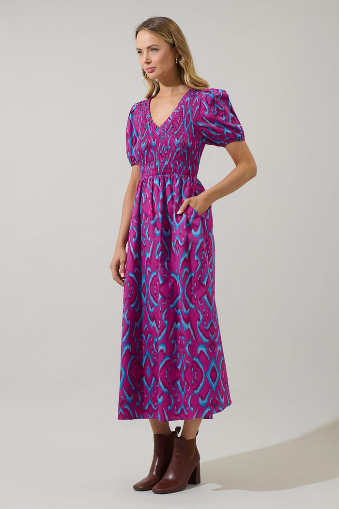 Ivani Abstract Brenty Smocked Midi Dress