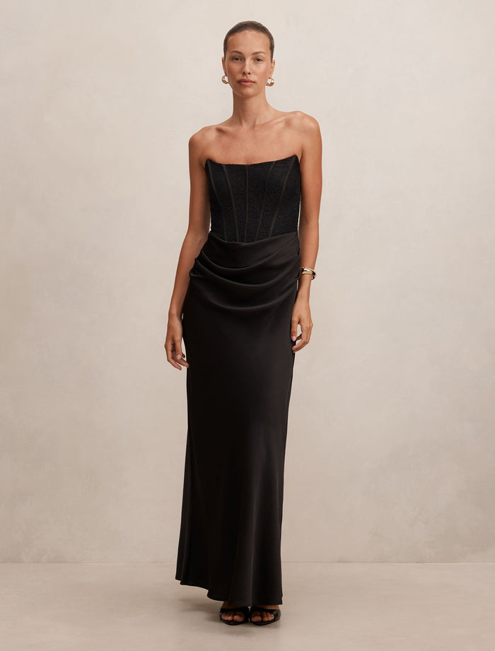 Ivy Lace Corset Drape Maxi Dress Black Forever New