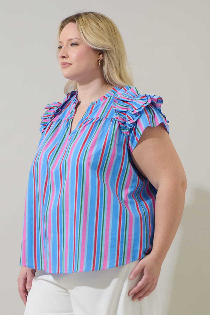 Jaimie Stripes Ramona Ruffle Split Neck Top Curve