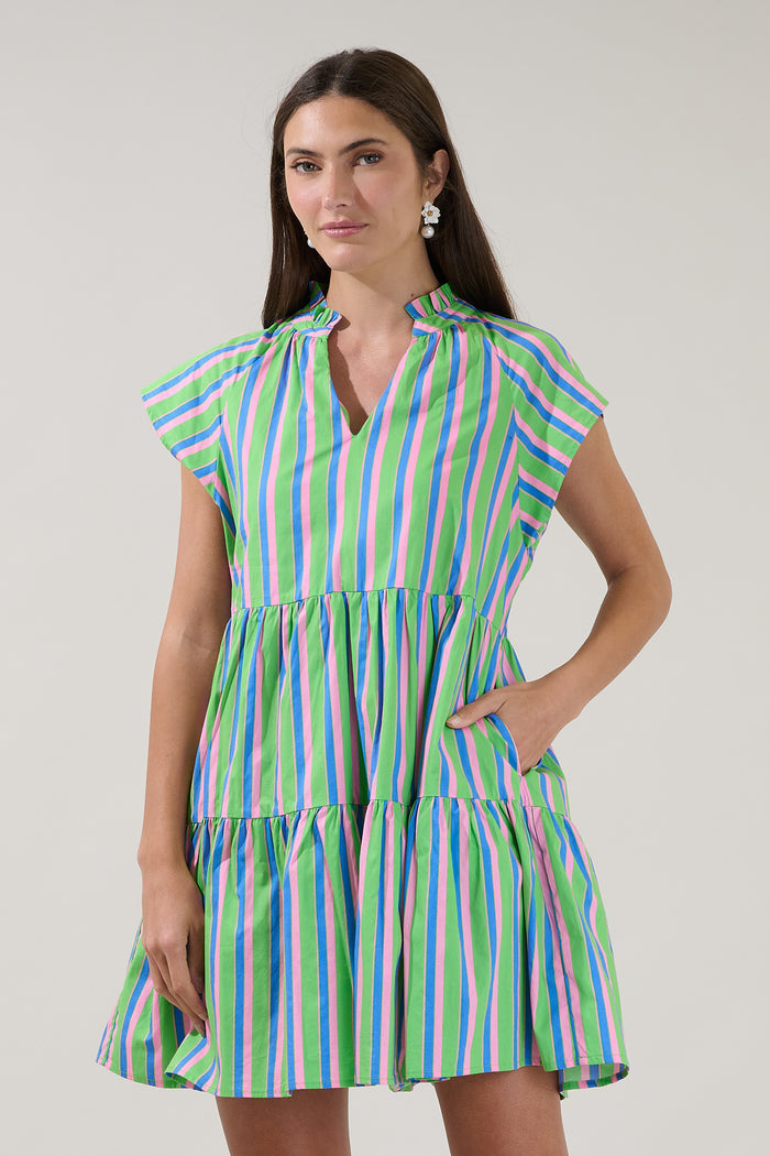 Janelly Poplin Tiered Mini Dress Stripe