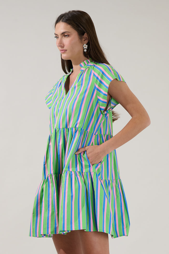 Janelly Poplin Tiered Mini Dress Stripe