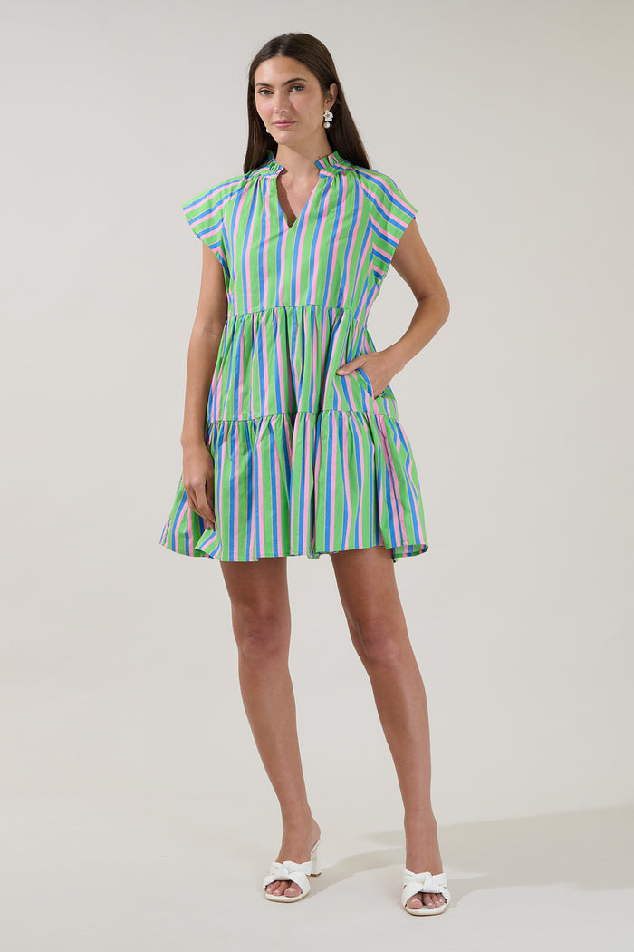 Janelly Poplin Tiered Mini Dress Stripe