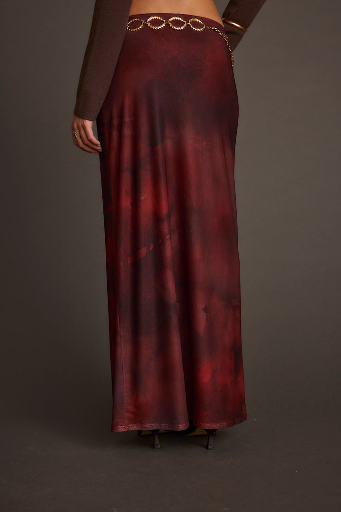 Julia Mulberry Blur Mesh Maxi Skirt styled in a complete look from an alternate angle.