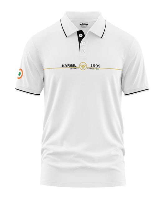 White men's polo t-shirt with Kargil 1999 print, black collar, and Indian flag sleeve patch